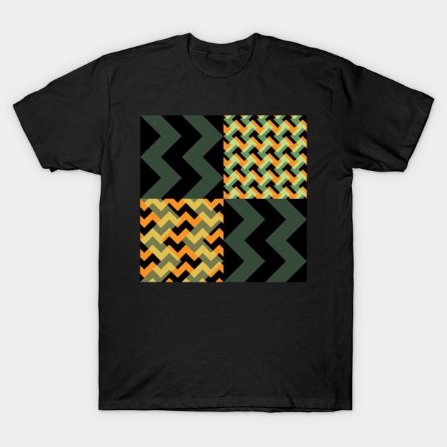 'Ziggy' - in Orange, Lime & Pastel Greens, Mustard & Buttercup Yellows on a Black and Khaki base T-Shirt by sleepingdogprod